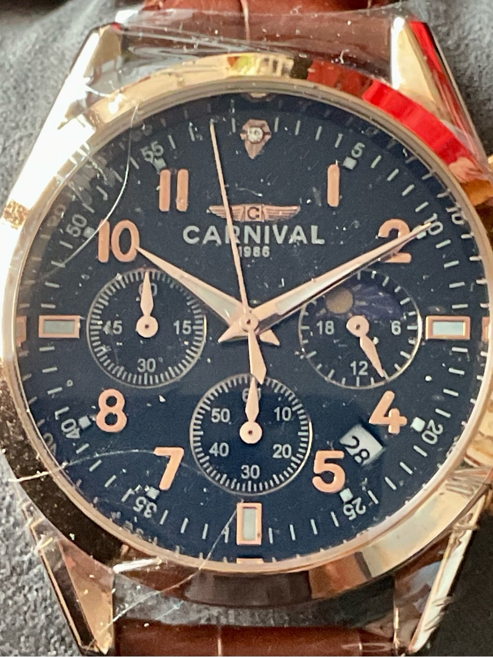 NIB I & W Carnival Chronograph MoonPhase Date Gold Tone/Black Watch Full Set